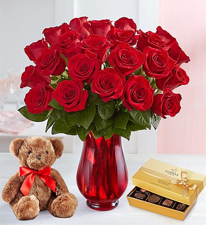 Red Roses with Bear, 12-24 Stems